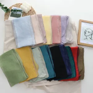 Solid color long linen scarf, elegant Korean style versatile lightweight neck wrap for women.