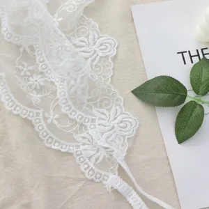 White lace trim detail close-up, delicate floral hollow embroidery fabric texture.