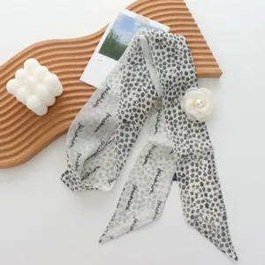 Floral print skinny scarf with 3D white rose flower, chic long ribbon for women neck and hair.