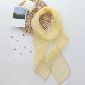 Elegant yellow linen long scarf for women, minimalist solid color chic neck ribbon for daily wear.