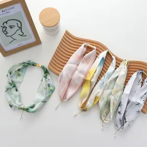 Women spring summer long silk scarf versatile floral neckerchief with magnetic pendant