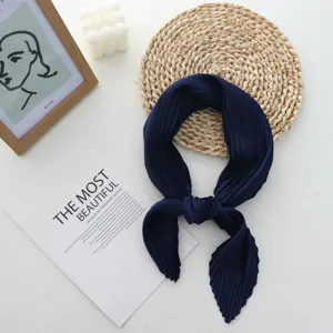 Dark blue pleated square scarf for women, elegant silk-feel neck scarf for daily wear.