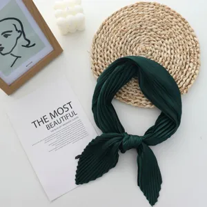 Dark green pleated square scarf simulation silk chic neckerchief elegant women accessories