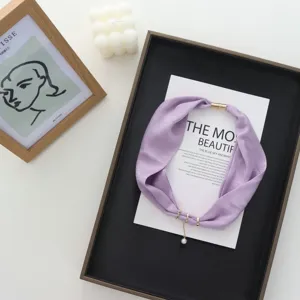 Summer lightweight purple silk scarf women fashion solid color magnetic neckerchief with pearl