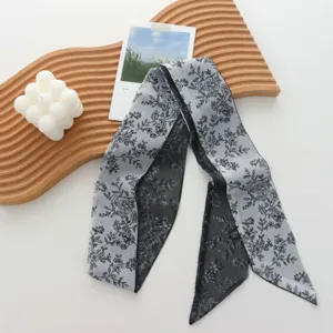 Elegant black and white floral print twilly scarf for women chic long neck ribbon hair band.