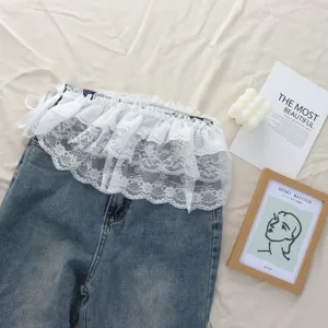 Gonna in denim con pizzo bianco a strati balze fiocco stile giapponese carino chic