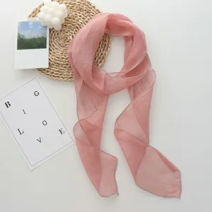 Elegant pink long linen silk scarf, Korean style lightweight versatile neck ribbon for women.