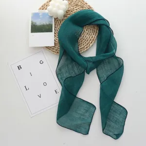 Dark green linen ribbon scarf, elegant long thin neckerchief for daily women wear.