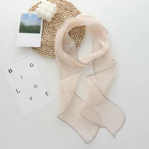 Elegant long sheer ribbon scarf in a versatile solid beige color for stylish daily neck wear.