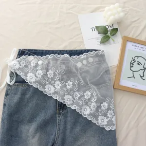 Women lace floral layering waist skirt white mesh sheer apron over denim trousers chic