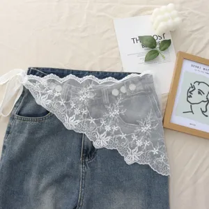 Women Denim Lace Wrap Skirt Layered Asymmetric Tie Waist Fake Two-Piece Sweet Style