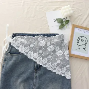 White sheer lace layered skirt wrap waist tie floral mesh women fashion style detail