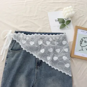 Sweet Lace Trim Triangle Headscarf For Women Floral Heart Pattern Hollow Out Bandana Wrap Sheer Mesh Layering Scarf Accessory