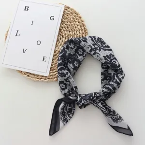 Vintage black and white floral print square silk scarf for women stylish neck accessory chic.