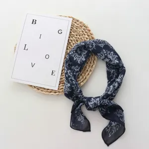 French vintage dark blue floral chiffon square scarf, elegant neckerchief for women summer.