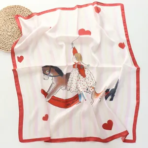 Chic roze gestreepte zijden sjaal met meisje en schommelpaard illustratie details voor dames.
