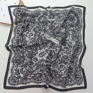 French vintage black and white floral lace georgette square scarf for women summer chic.