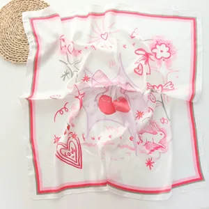 Chique 70cm vierkante zijden sjaal met lieve kersen konijnen print, veelzijdige sjaal.