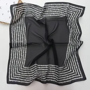 French vintage black and white floral square scarf, elegant neckerchief for women.
