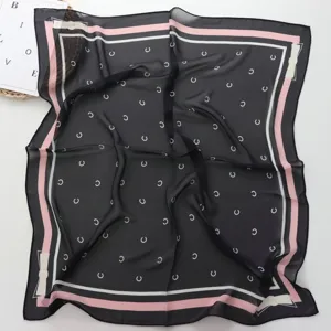 French vintage black square scarf with pink border and elegant bow accents for women stylish.