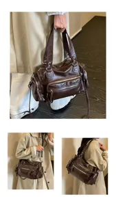 Detail opname van retro bruine lederen tas met meerdere zakken, stijlvolle schoudertas look.