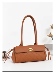 Retro brown quilted baguette shoulder bag for women, elegant long handle underarm tote.