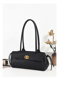 Classic black quilted baguette shoulder bag with long handles and elegant gold hardware accent.