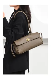 Women Vintage Quilted Shoulder Bag Retro Underarm Baguette Bag PU Leather Handbag