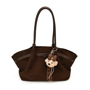 Bruine vintage suède tote tas voor dames, stijlvolle grote schoudertas voor werk.