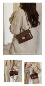 Detailed showcase of women retro brown quilted crossbody shoulder chain bag with elegant flap design.