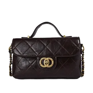 Classic quilted leather crossbody bag with top handle and chic chain strap for women.