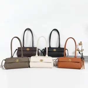 Vintage Quilted Baguette Bag For Women Large Capacity Tote Shoulder Bag With Long Handle Leather Bowling Handbag Everyday Casual Purse