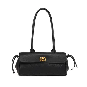 Black quilted leather shoulder bag with long straps, elegant style for women's daily fashion use.