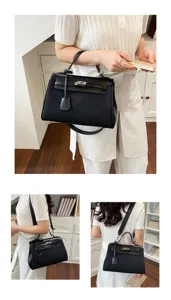 Vista dettagliata della borsa a tracolla nera da donna con classico design di chiusura.