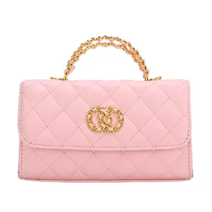 Pink quilted leather handbag with gold chain handle and chic design for daily fashion wear.