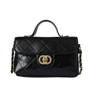 Black quilted leather shoulder bag with chain strap elegant top handle handbag for women