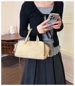 Vintage Wildleder Boston Handtasche für Damen, lässige Retro Schultertasche mit Kreuzstich.