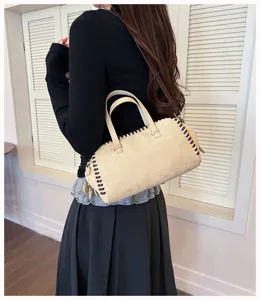 Retro Wildleder Damen Umhängetasche, große Kapazität Boston Kissen Schultertasche mit Zierstich.