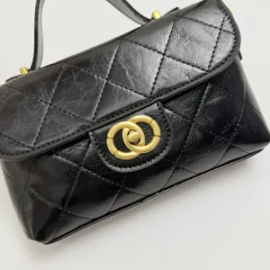 Black quilted leather mini handbag with gold-tone hardware, chic stylish crossbody bag.