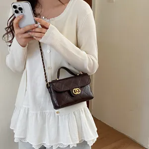 Detailed view of the chic dark brown quilted small square bag with chain strap and handle.