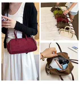 Vintage Wildleder Boston Handtasche, große Kapazität gewebte Umhängetasche für Damen Alltag.
