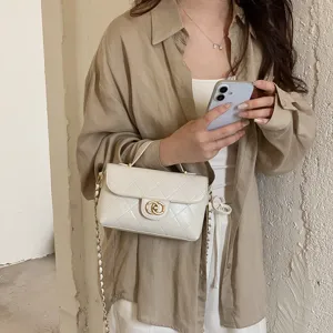 Chic quilted chain crossbody bag for women, stylish small square handbag with handle.
