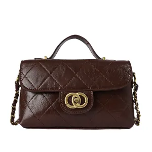 Brown quilted leather crossbody bag with top handle and elegant chain strap for women.
