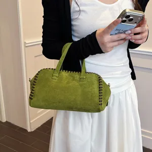 Vintage grüne Wildleder Boston Handtasche mit Kontraststeppung für Damen eleganter Alltag.