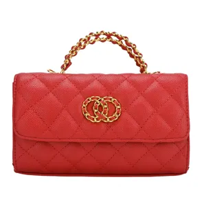 Red quilted chain handbag, luxury style classic shoulder bag, elegant faux leather purse.
