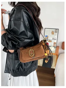 Retro suede crossbody bag women versatile shoulder bag metal buckle small square underarm bag
