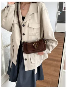 Retro suede crossbody bag for women, chic single shoulder bag with stylish metal buckle detail.
