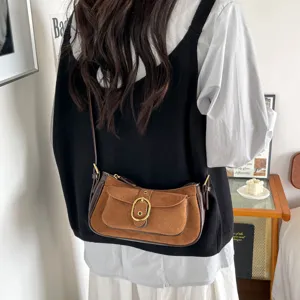 Retro Suede Patchwork Crossbody Shoulder Bag Women Casual Chic Underarm Bag With Metal Buckle