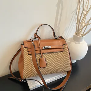 Borsa donna retro paglia pelle shopper tracolla elegante borsa a mano nuova moda