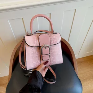 Chic pink crocodile pattern top handle handbag, versatile stylish women shoulder bag.